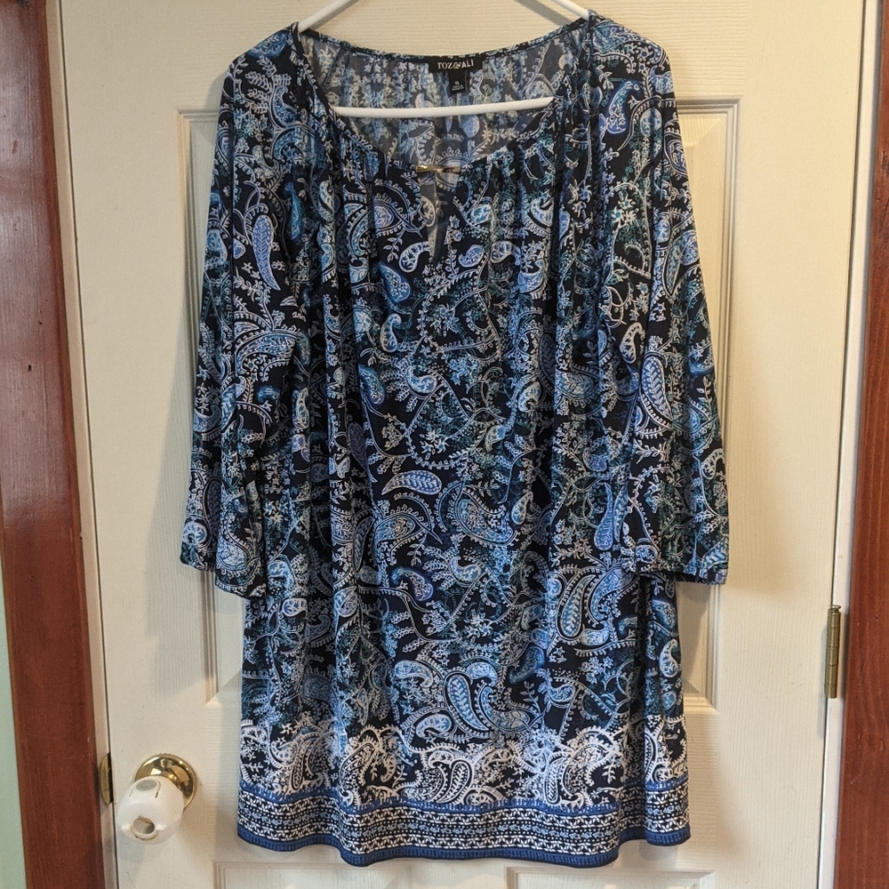 Roz & Ali blue paisley long sleeve v neck dress